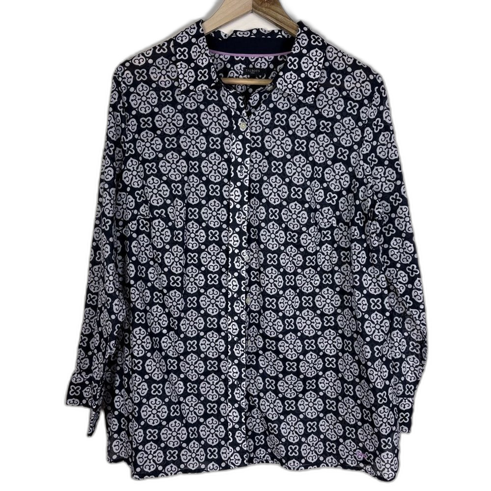 Talbots 100% Cotton Blue Button Down Blouse Size 1X Coastal Preppy Lightweight